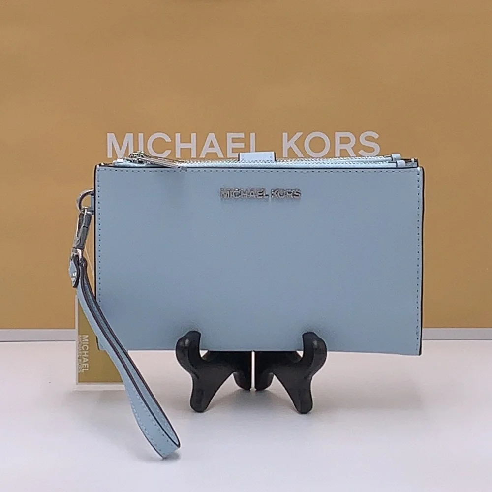 MICHAEL KORS JET SET TRAVEL 35F8GTVWOL VISTA BLUE LG DOUBLE ZIP WRSTLT LEATHER - Picture 10 of 14
